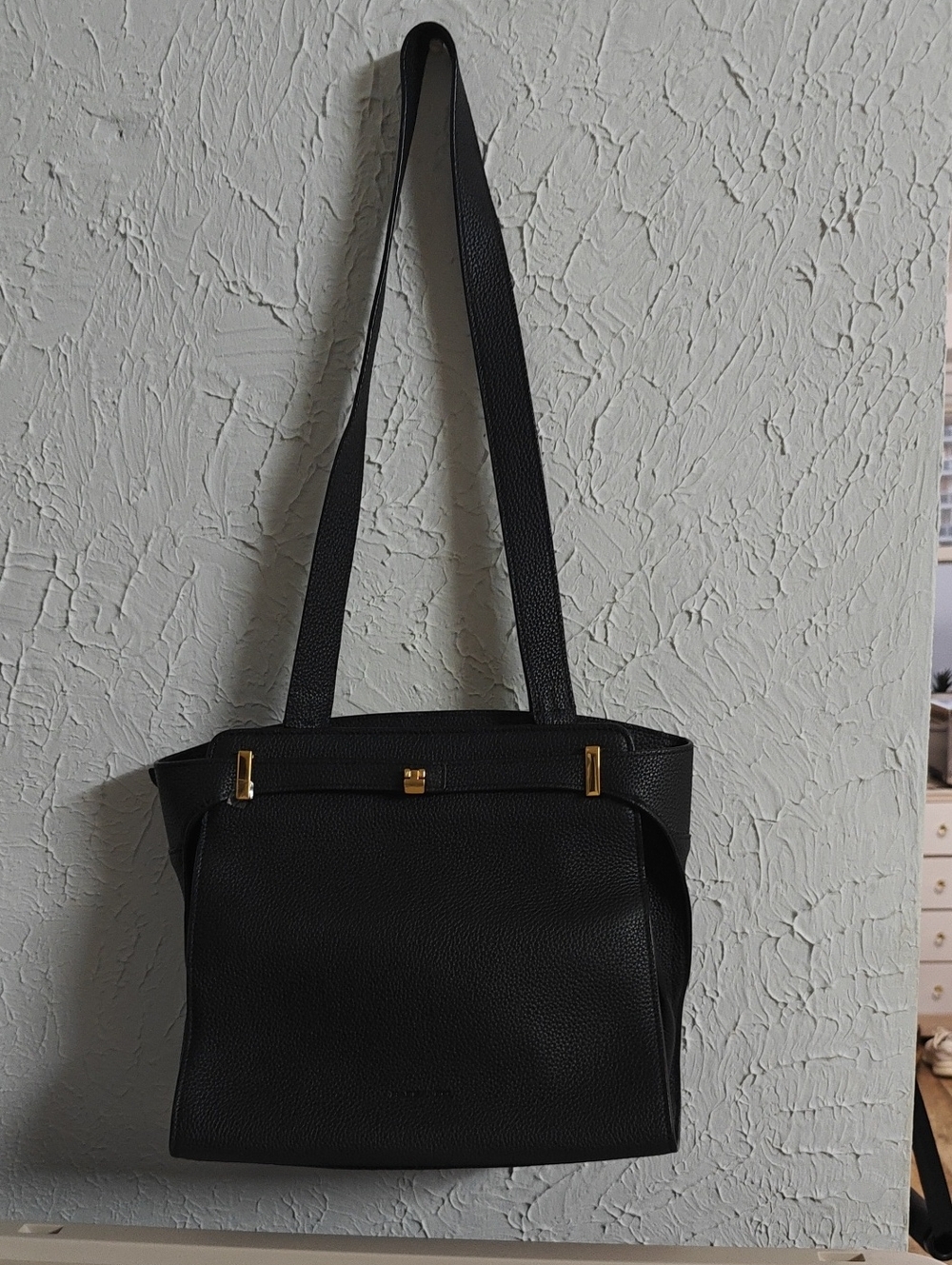 Structured Black Shoulder Bag with Gold-Tone Hardware